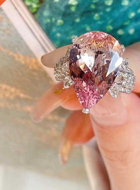 Luxury Female Big Pink Drop Diamond Gemstone Ring Resizable