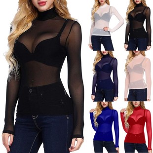 Autumn Women Fashion Sheer Mesh Shirt High Neck Arm Shaper T