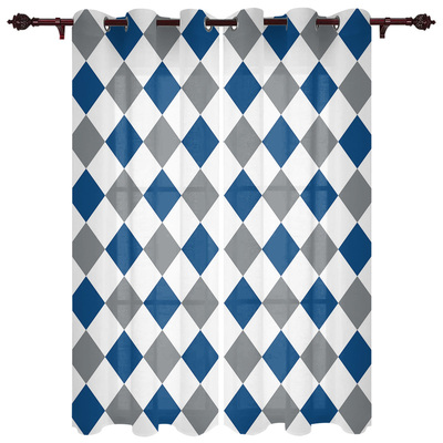 Rhombus Check Texture Blue Gray Window Curtains Kitchen