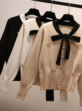 Elegant Ladies Sweaters Pearl Bow Tie Neck Women Pullovers C