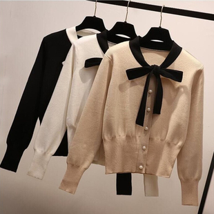 Elegant Ladies Sweaters Pearl Bow Tie Neck Women Pullovers C