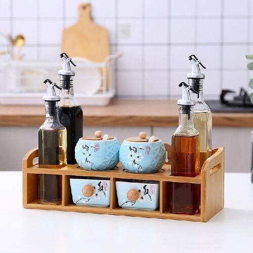 Seasoning box tank ceramic glass drawer salt jar bamboo