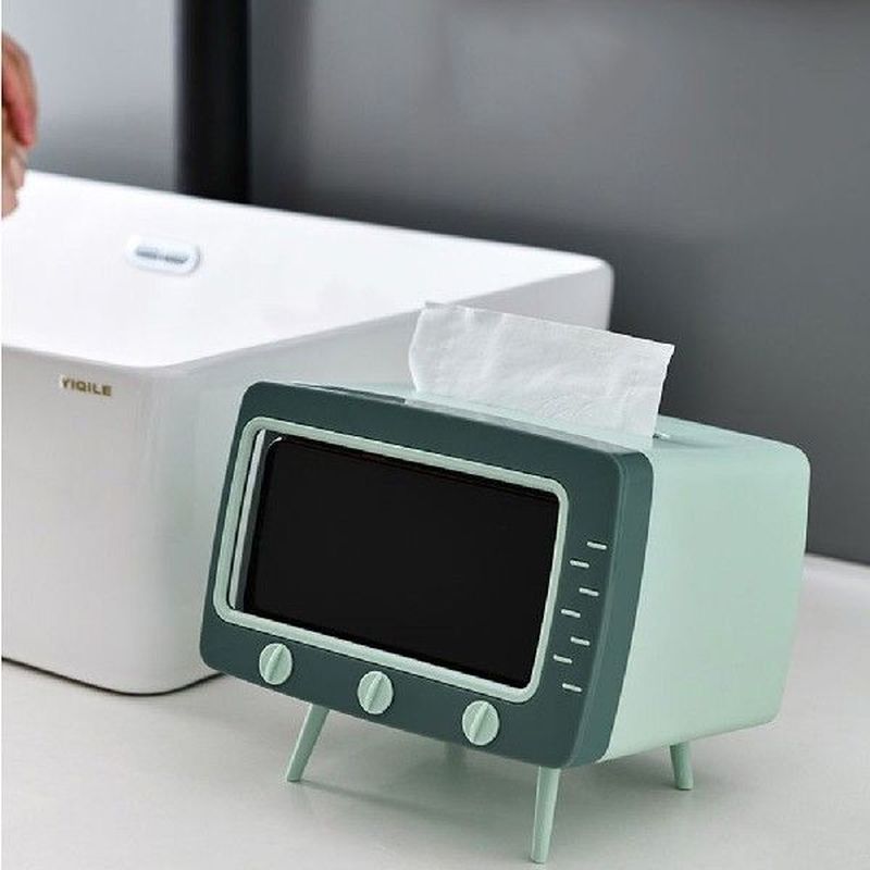 2 in 1 TV Tissue Box with Phone Holder Dispenser Storage