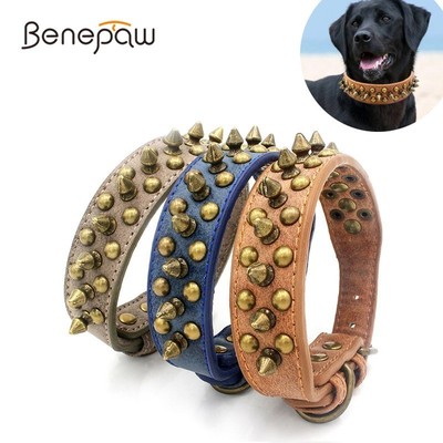Benepaw Leather Dog Collar Spiked Quality Adjustable Pet