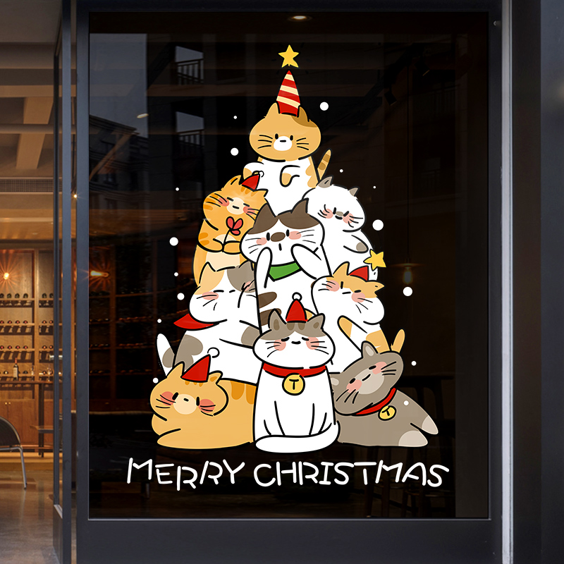 圣诞节装饰2026卡通猫咪窗贴布置