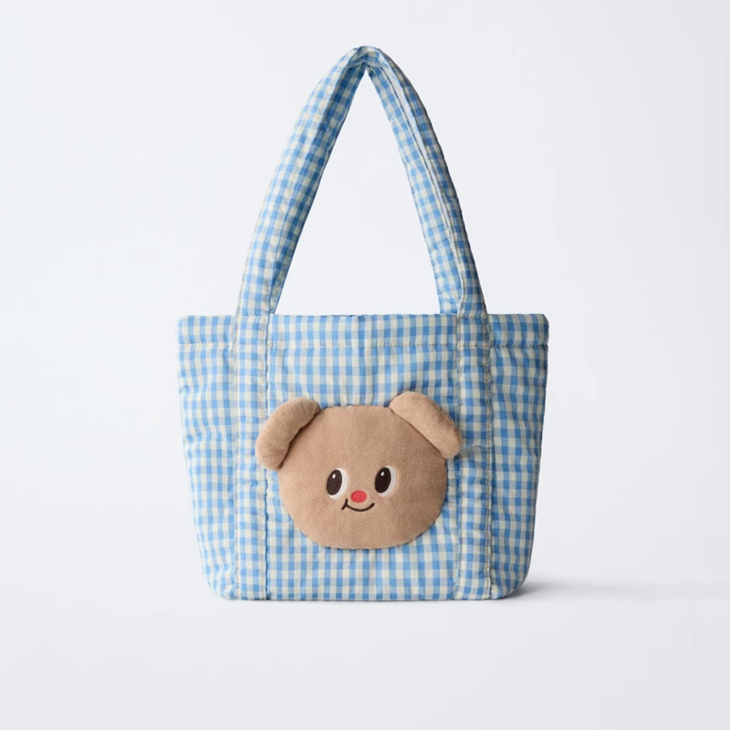 春夏秋冬2025新款蓝格纹小熊购物袋手提单肩大容量休闲学生托特包