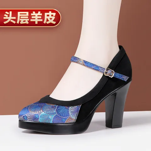 中跟澳民族风高跟鞋刺绣单鞋曼琳旗袍新款真皮训练女走秀模特