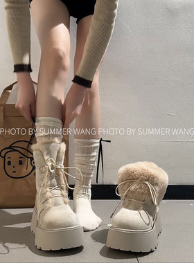 王夏天 白色复古加绒加厚防滑雪地靴女2025新款外穿增高保暖棉鞋