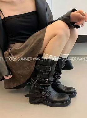 王夏天 显瘦百搭长筒靴子女2025新款小个子大筒围粗跟裤管西部靴