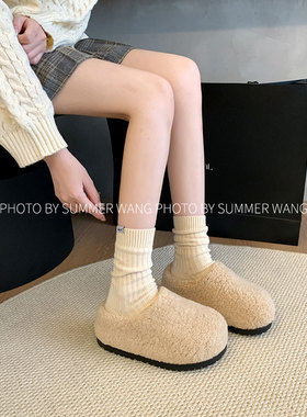 王夏天 厚底包头毛毛拖鞋女2025新款秋冬羊羔毛一脚蹬外穿棉拖鞋