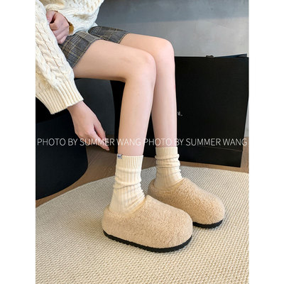 王夏天厚底羊羔毛一脚蹬毛毛拖鞋