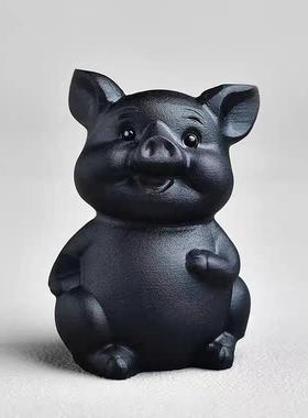 12生肖天然黑曜石生肖猪摆件原石雕刻饰品黑色猪虎年吉祥物