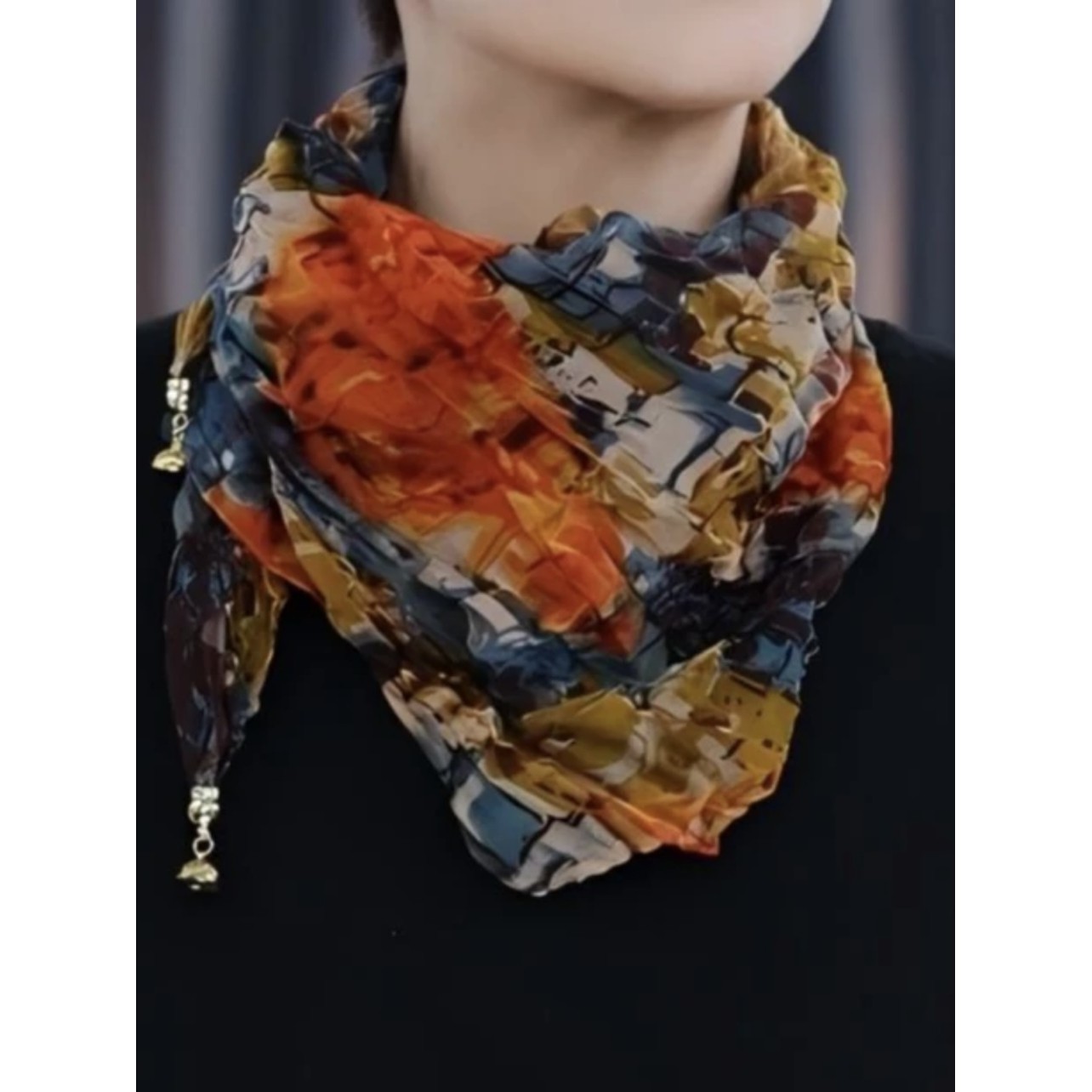 碎花压皱围巾春秋百搭渐变高级磁扣方巾棉麻褶皱围巾保暖护颈围脖