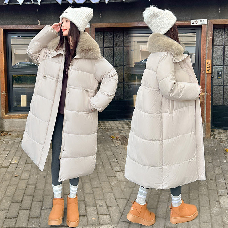 加厚保暖长款过膝翻毛领女棉服