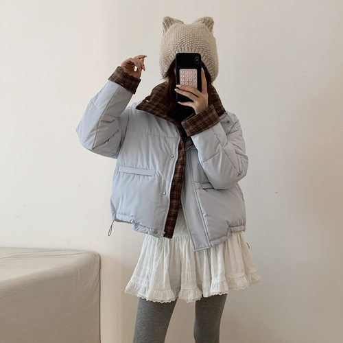 冬季小个子加厚格纹短款面包服
