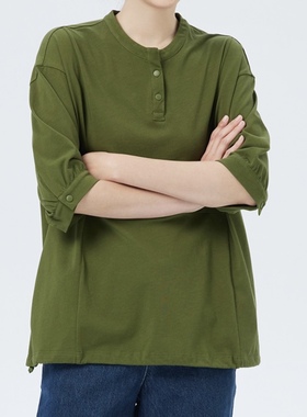 斯琴2023女夏季新品女纯棉绿色圆领套头落肩短袖T恤上衣BCXS02104