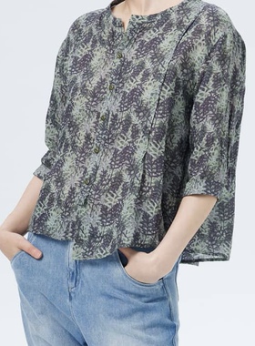 斯琴女2023夏专柜正品苎麻印花落肩单排扣七分休闲衬衫BCXS011150