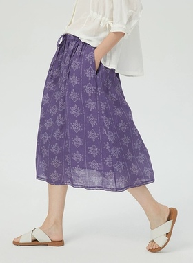 斯琴夏季专柜正品女苎麻熏衣紫印花松紧腰中长款半裙 BBXQ011133