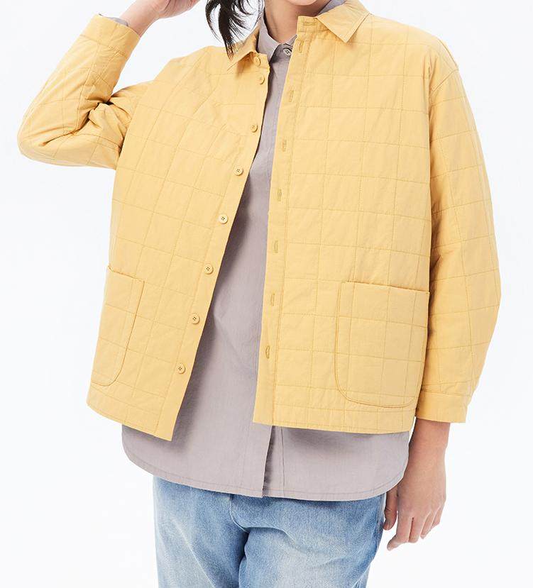 斯琴2023春新品女纯棉黄色格纹翻领单排扣休闲薄棉服 BCCS00806 1