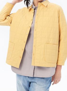 斯琴2023春新品女纯棉黄色格纹翻领单排扣休闲薄棉服 BCCS00806 1