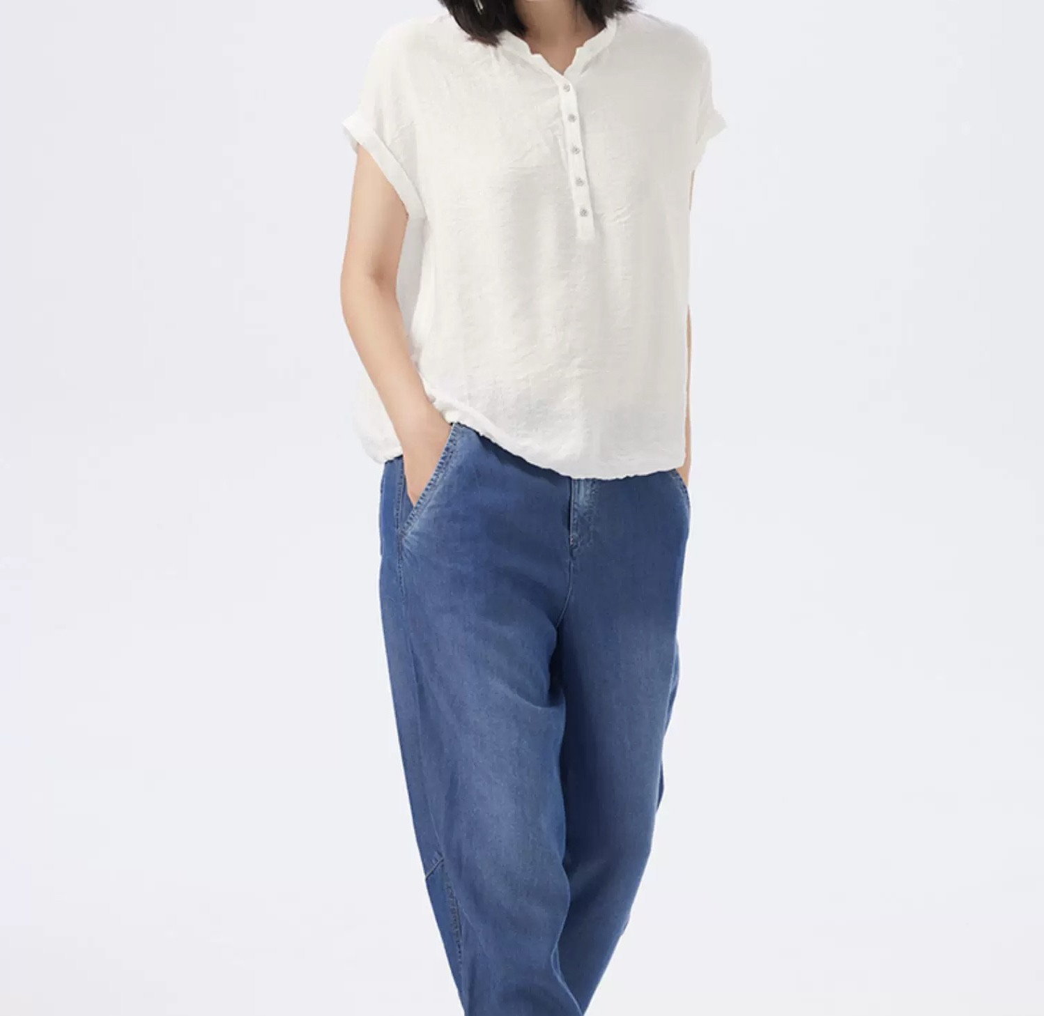 斯琴2024夏专柜正品女白立领套头衬衫宽松短袖上衣微皱BDXS02701