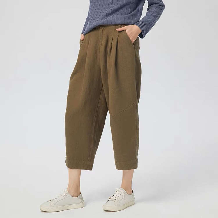斯琴专柜正品春季女棉麻混纺咖绿阔腿裤宽松休闲九分裤BBCK00913