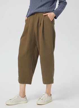 斯琴专柜正品春季女棉麻混纺咖绿阔腿裤宽松休闲九分裤BBCK00913