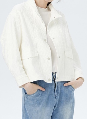 斯琴2023春专柜正品女纯棉白色立领落肩单排扣短款外套 BCCS03301