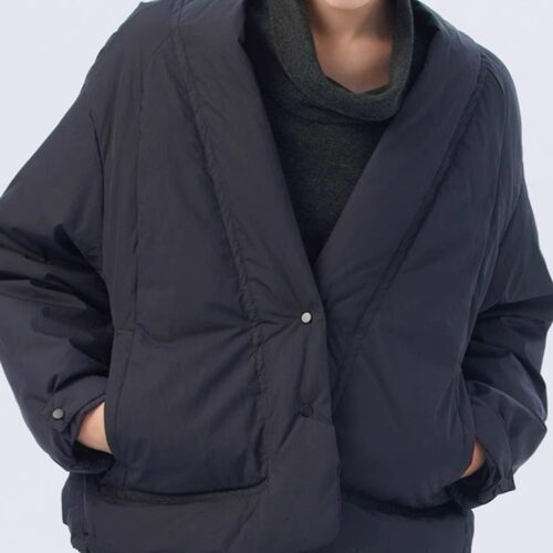 斯琴2023冬专柜正品炭灰棉质90%鹅绒V领落肩短款羽绒服 BCDS02549