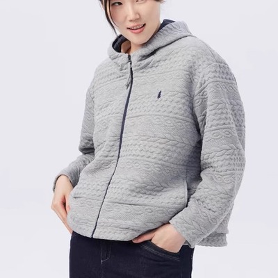 斯琴2023秋专柜正品浅灰提花连帽撞色拉链宽松落肩外套 BCQS03495