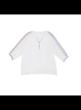 斯琴2024夏专柜正品女白色苎麻绣花V领套头宽松衬衫上衣BDXS02901