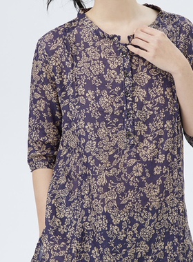 斯琴2023夏专柜正品女苎麻印花套头落肩七分袖中长衬衫BCXS023150