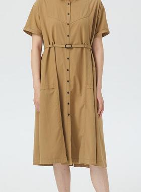 斯琴2022夏土黄翻领单排扣落肩短袖系带连衣裙长裙BBXQ00621 1280