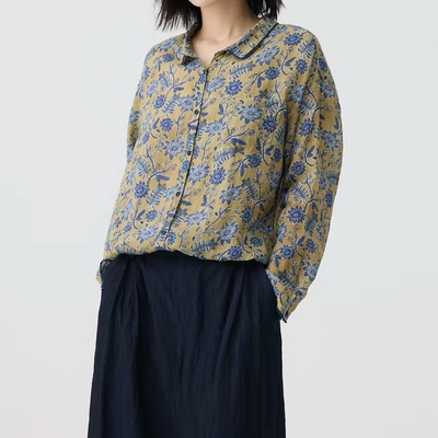 斯琴2026春专柜正品苎麻印花宽松长袖小翻领衬衣衬衫女BFCS051150