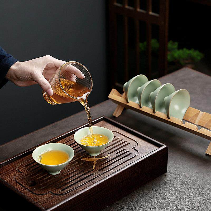 斗笠杯陶瓷厚胎茶杯防烫汝窑开片纹理配沥水收纳架家用公室茶杯