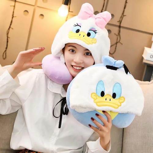 可爱卡通连帽u型枕头护颈枕旅行护脖子枕颈椎靠枕U枕午睡带帽子批