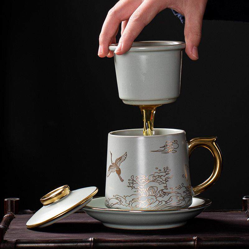 汝窑公杯老板陶瓷泡茶带盖过滤个人杯商务会议礼品茶杯子印logo