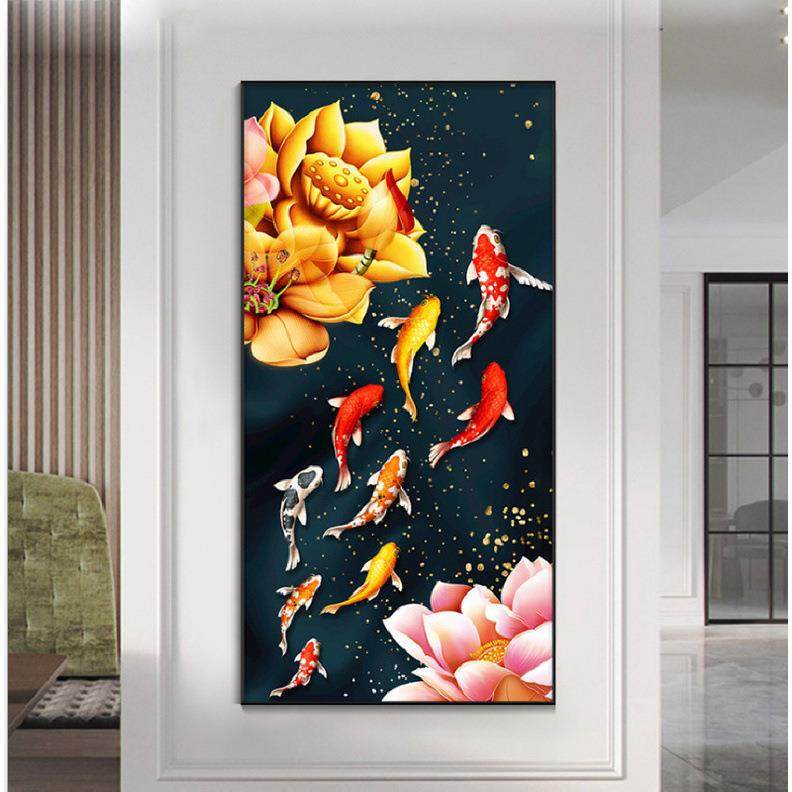 2023新款玄关荷花九鱼图5D钻石画入户中式锦鲤招财贴钻十字绣,居家布艺,钻石绣,淘宝优惠券,粉丝福利购,淘宝优惠卷
