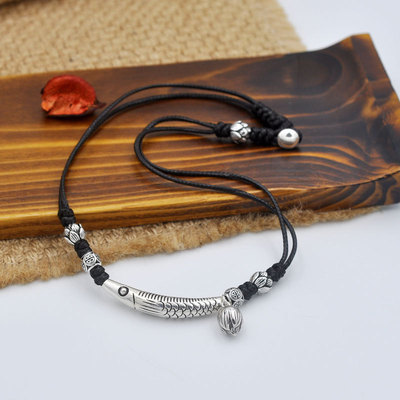 新款复古弯管鱼黑绳项链吉象饰品