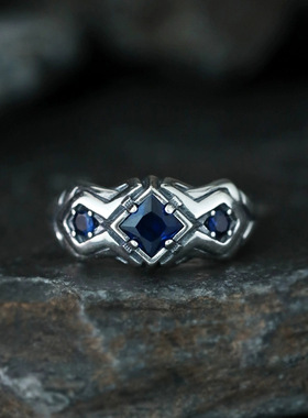 新款孤星蓝石戒指男款复古个性小众独特百搭开口