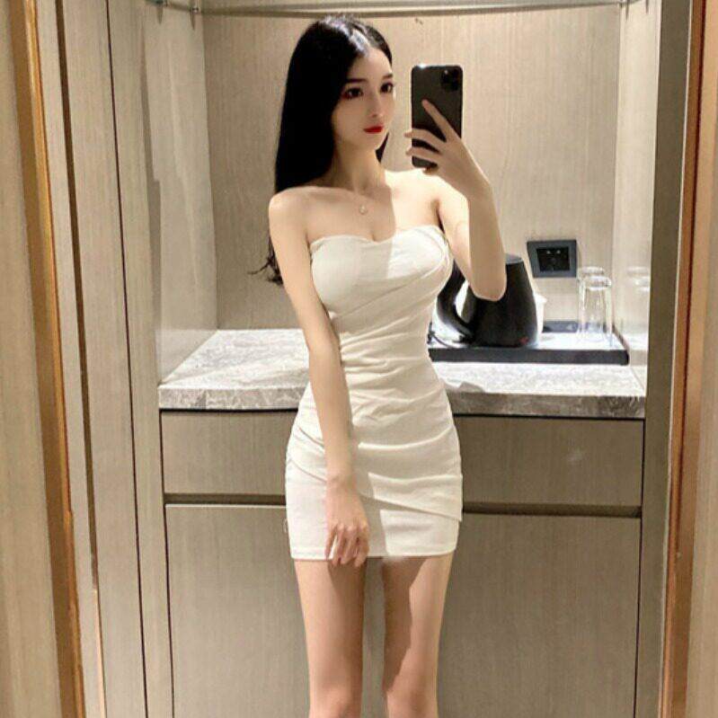 抹胸裙性感低胸带胸垫露肩背皱褶修身显瘦紧身包臀裹胸内搭连衣裙