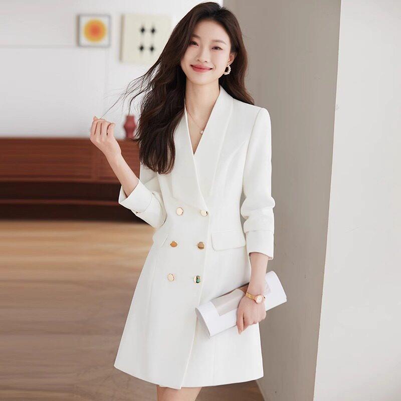 白色职业西装连衣裙女春秋正式场合裙子播音主持正装美容院工作服