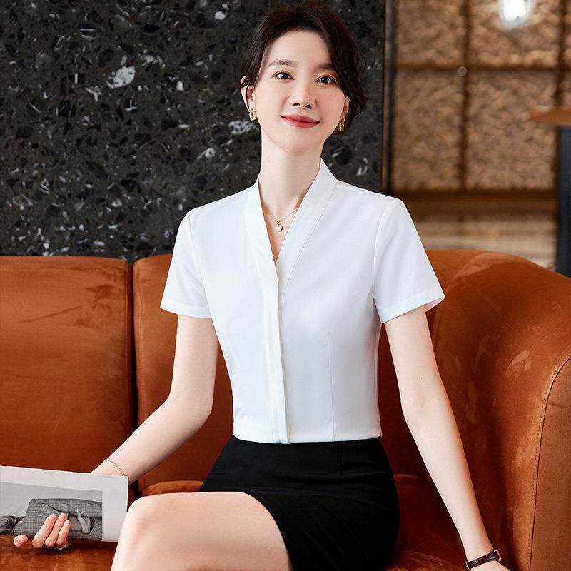 女士职业衬衫夏季短袖修身领雪纺衬衫百搭通勤白领工作服上衣白