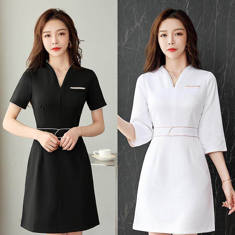 新款美容师黑色服装养生会所夏季工作服修身弹性连衣裙美甲师套装