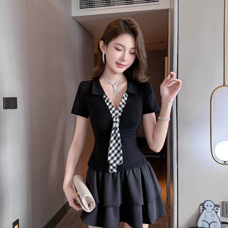 学院风黑色领短袖套装女修身显瘦足疗技师工作服蛋糕裙