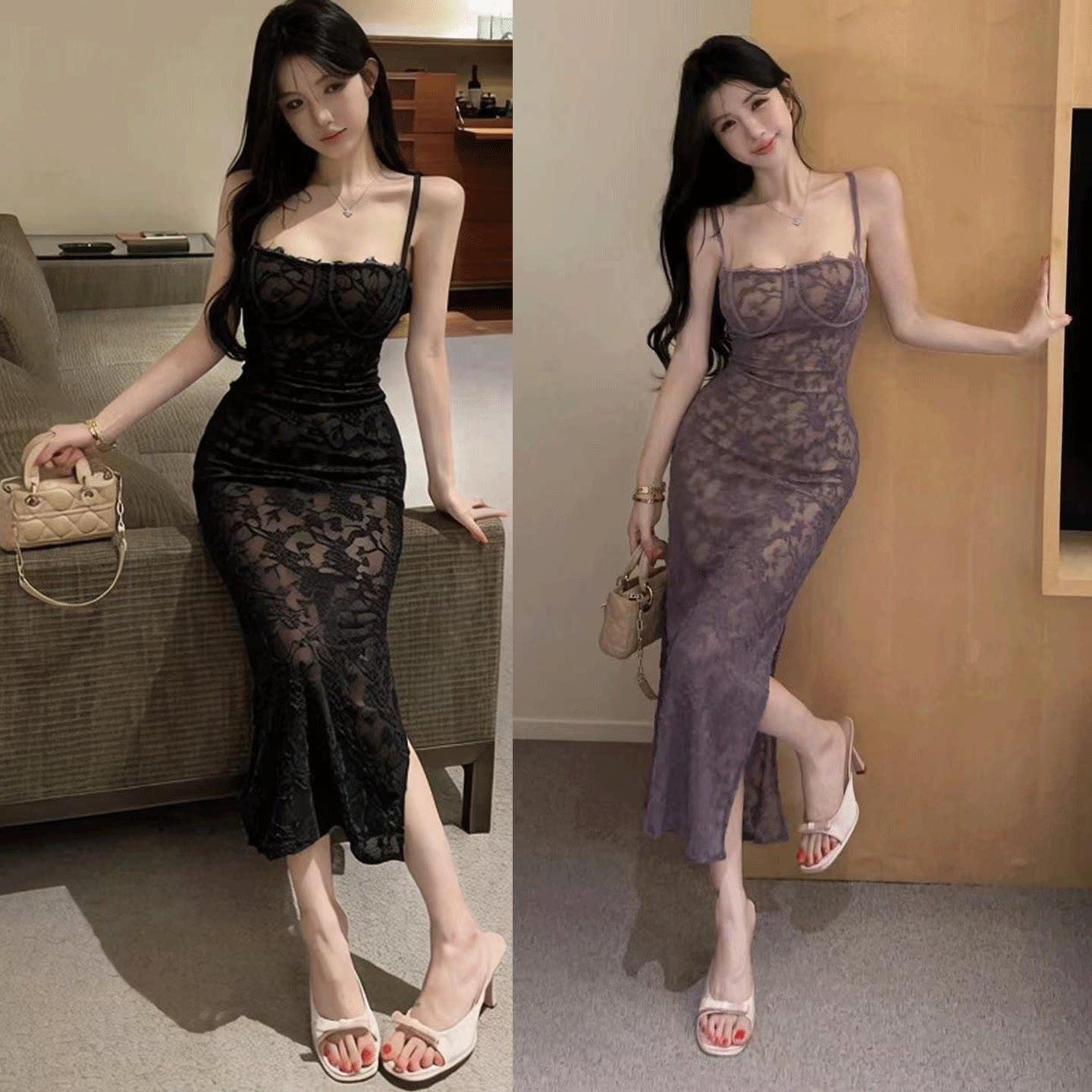 性感蕾丝吊带长裙新款夜店女装带胸垫低胸露背名媛气质御姐洋装
