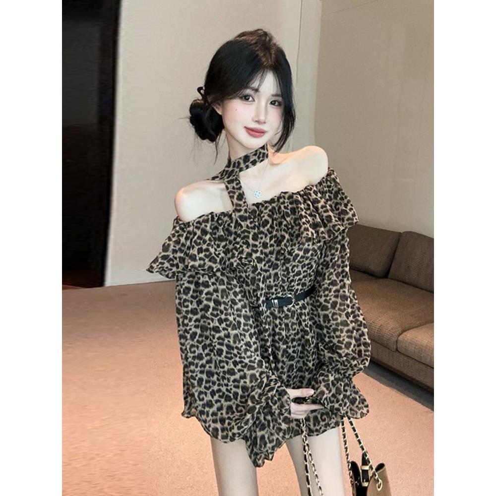 美式辣妹一字肩挂脖飘带长袖恤衫覆古性感荷叶边收腰上衣配皮带
