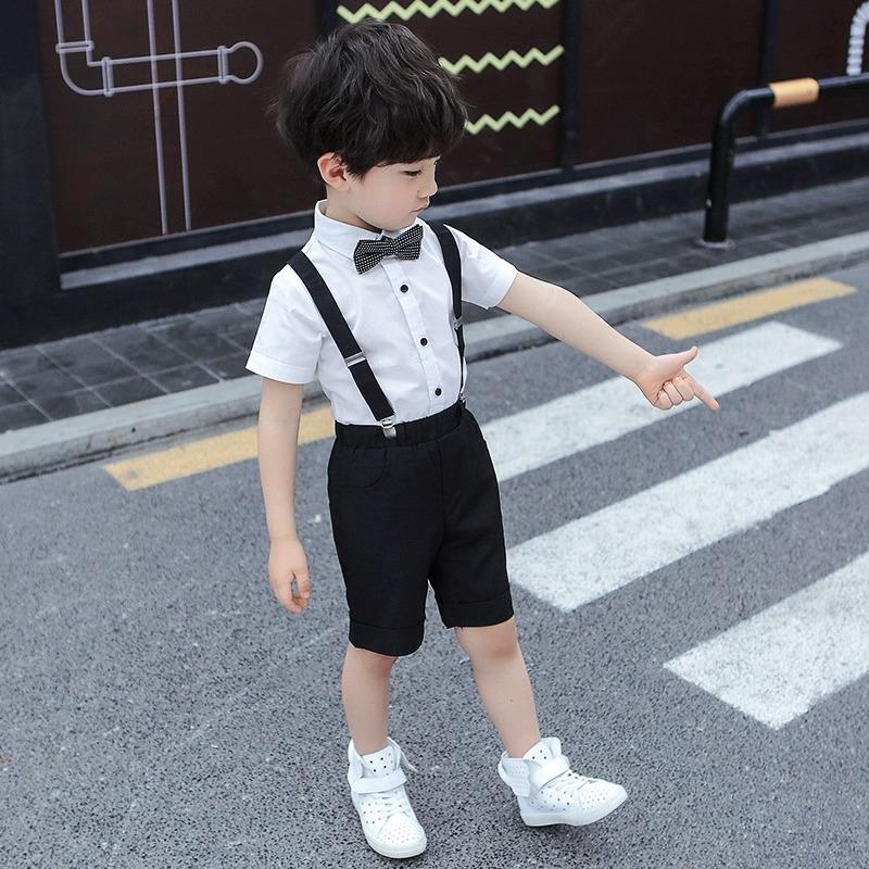 夏季带男童背裤套装短袖白衬衫儿童主持人演出服礼服小男孩毕业服