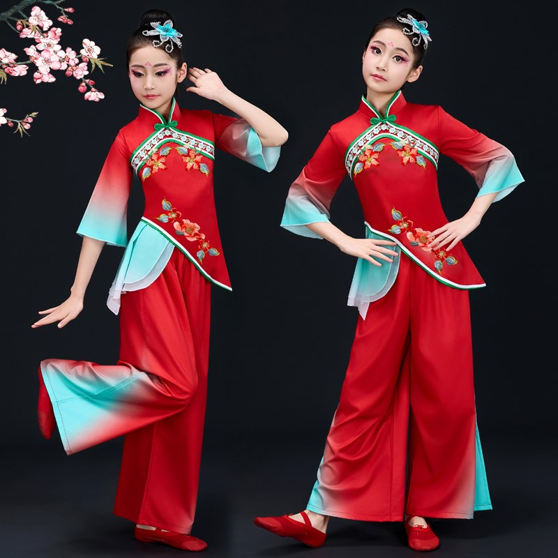儿童古典秧歌服红色喜庆演出服民族扇子舞打鼓服幼儿手绢舞蹈服装