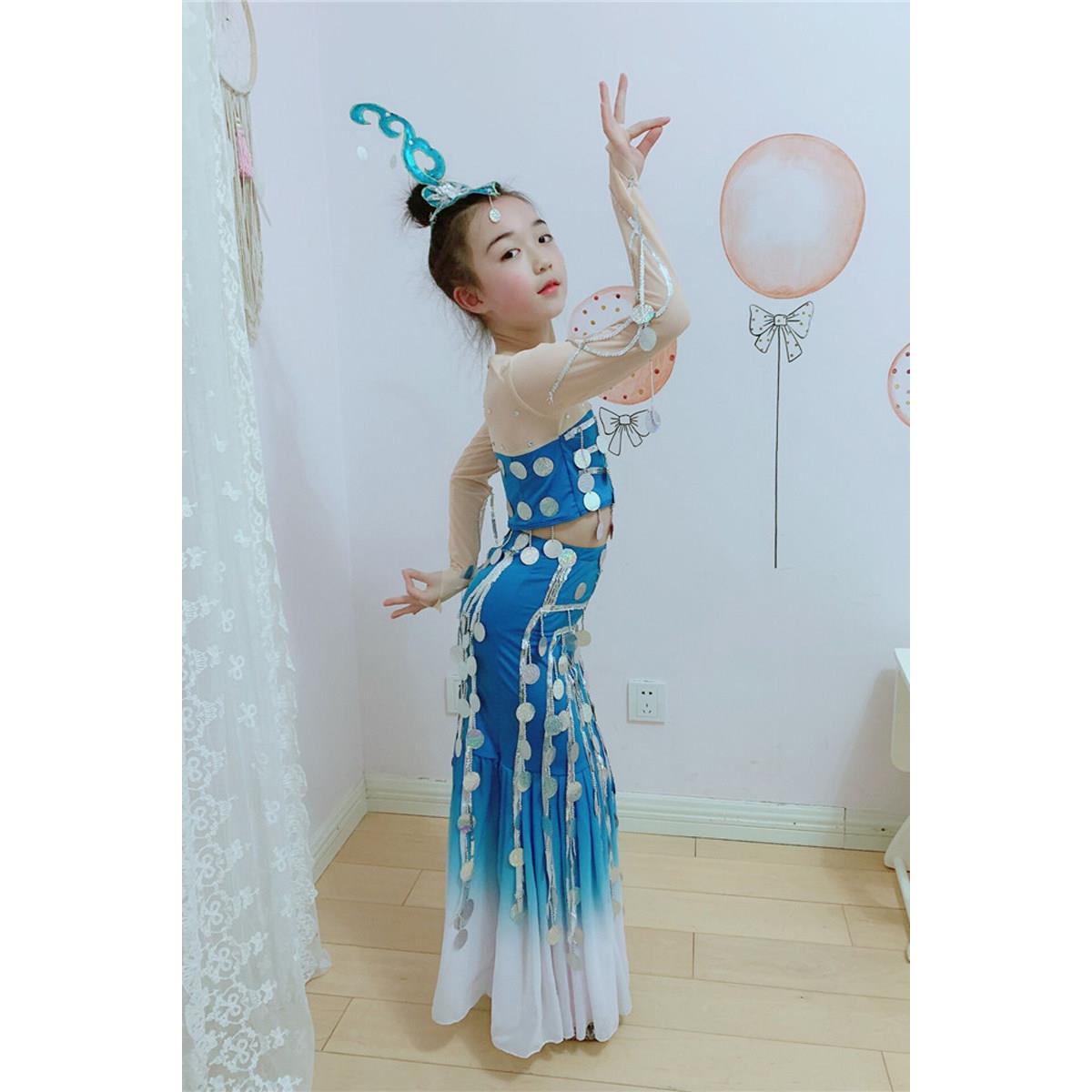 少儿傣族水灵舞蹈表演服装玉儿跃儿童节全民演出亮片鱼尾裙孔雀姑